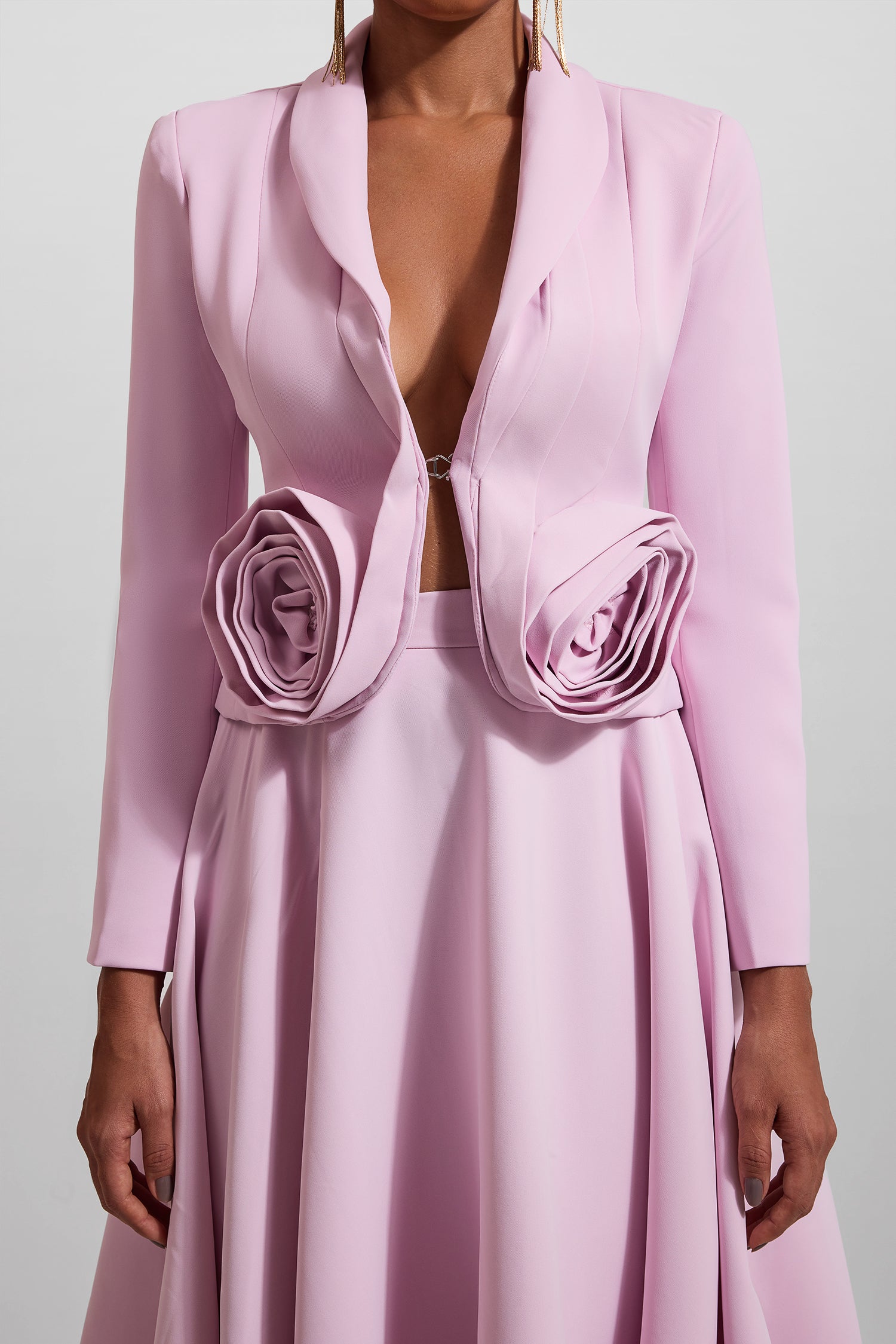 3D Floral Solid Blazer ＆Solid Midi Skirt Set