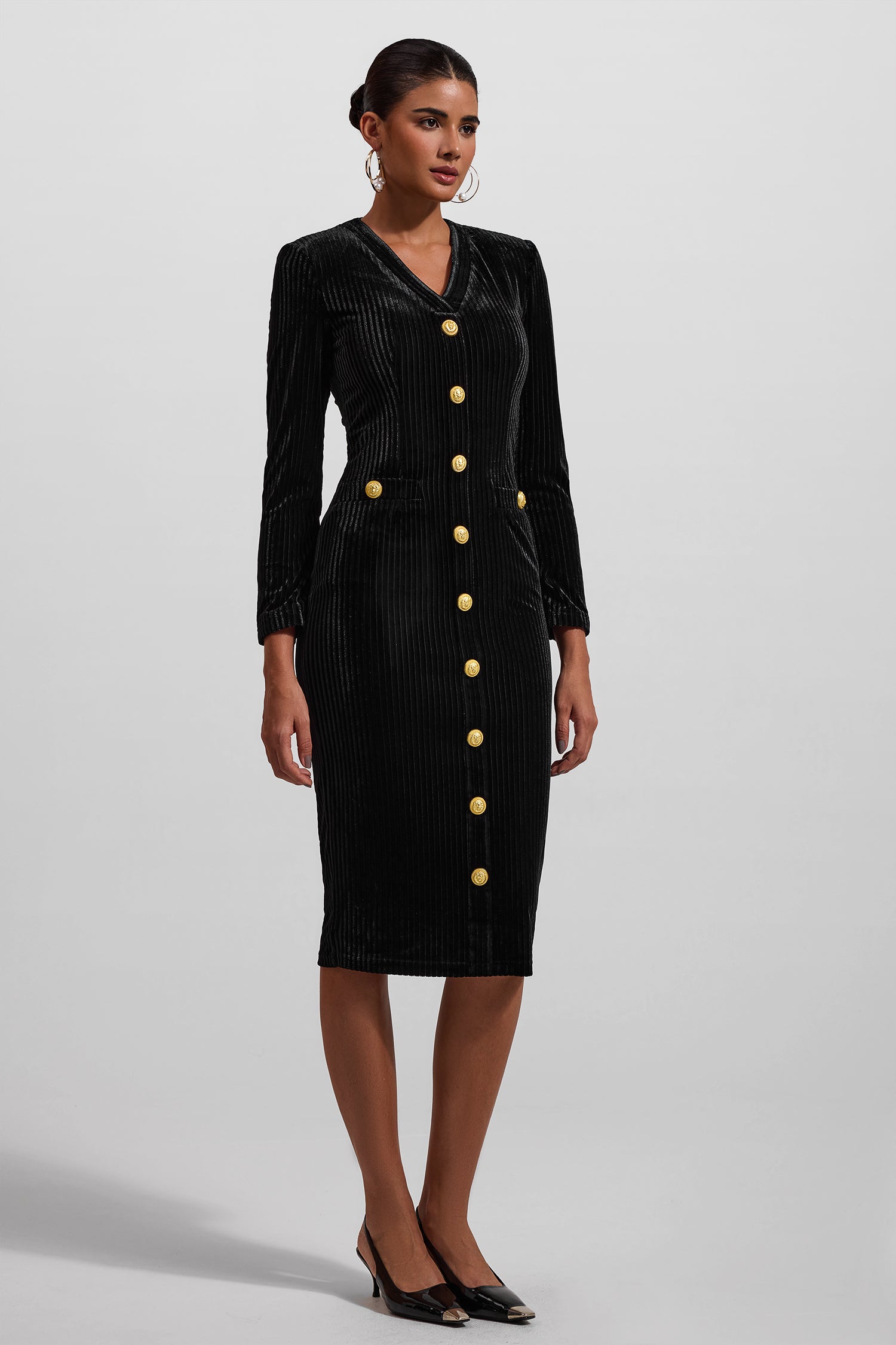 Velvet V-Neck Metal Button Midi Dress