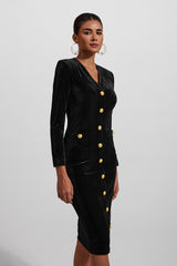 Velvet V-Neck Metal Button Midi Dress
