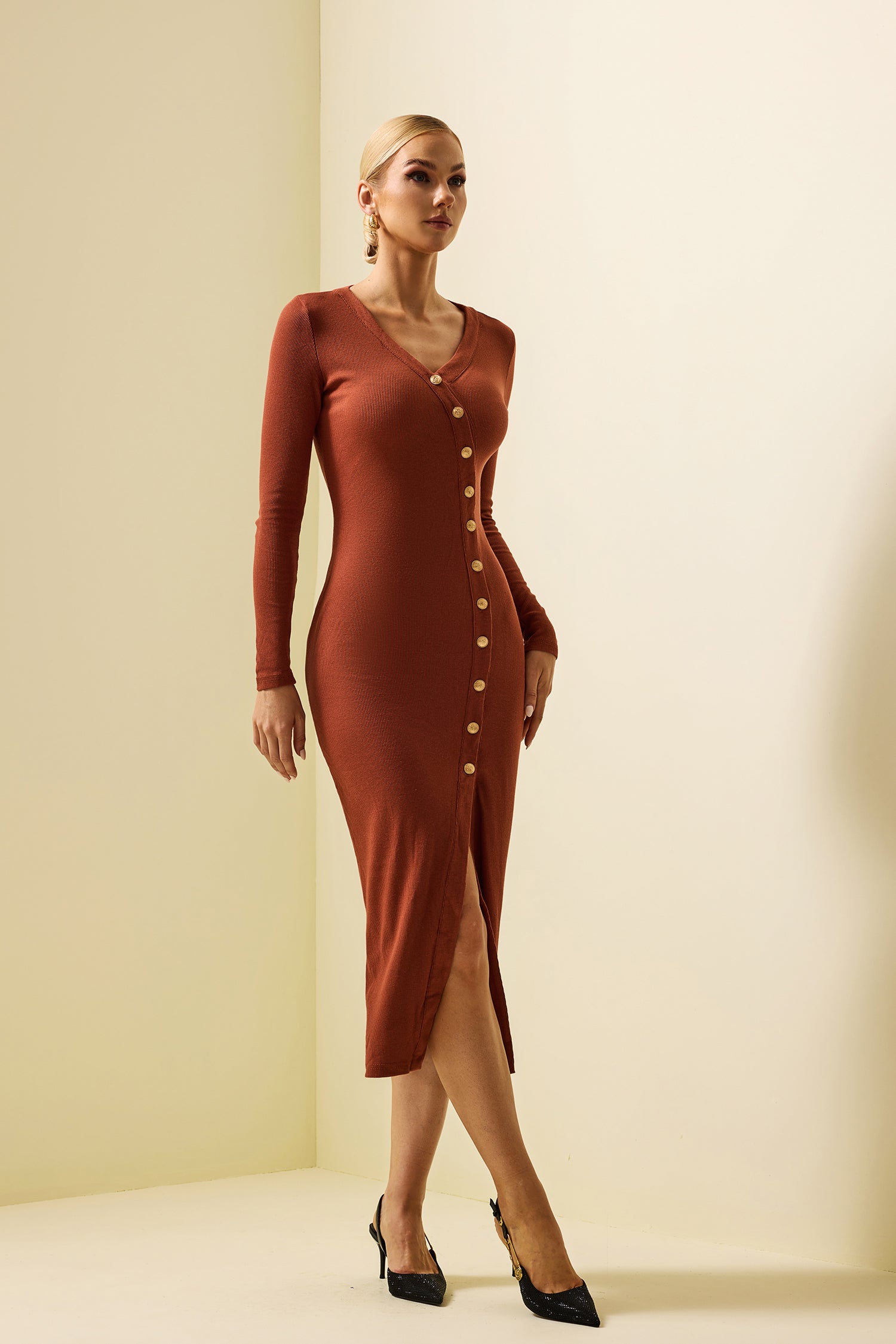 Knit Split Long Sleeve Bottom Midi Dress
