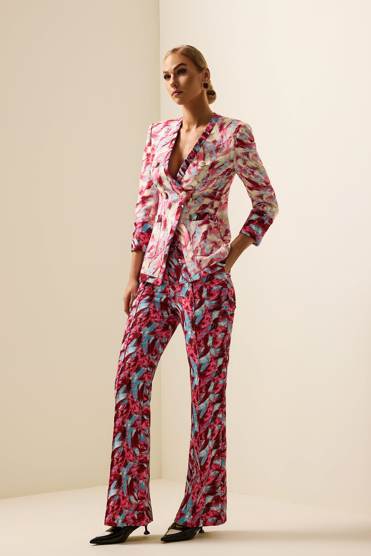 Feather Print V-Neck Long Sleeve Blazer