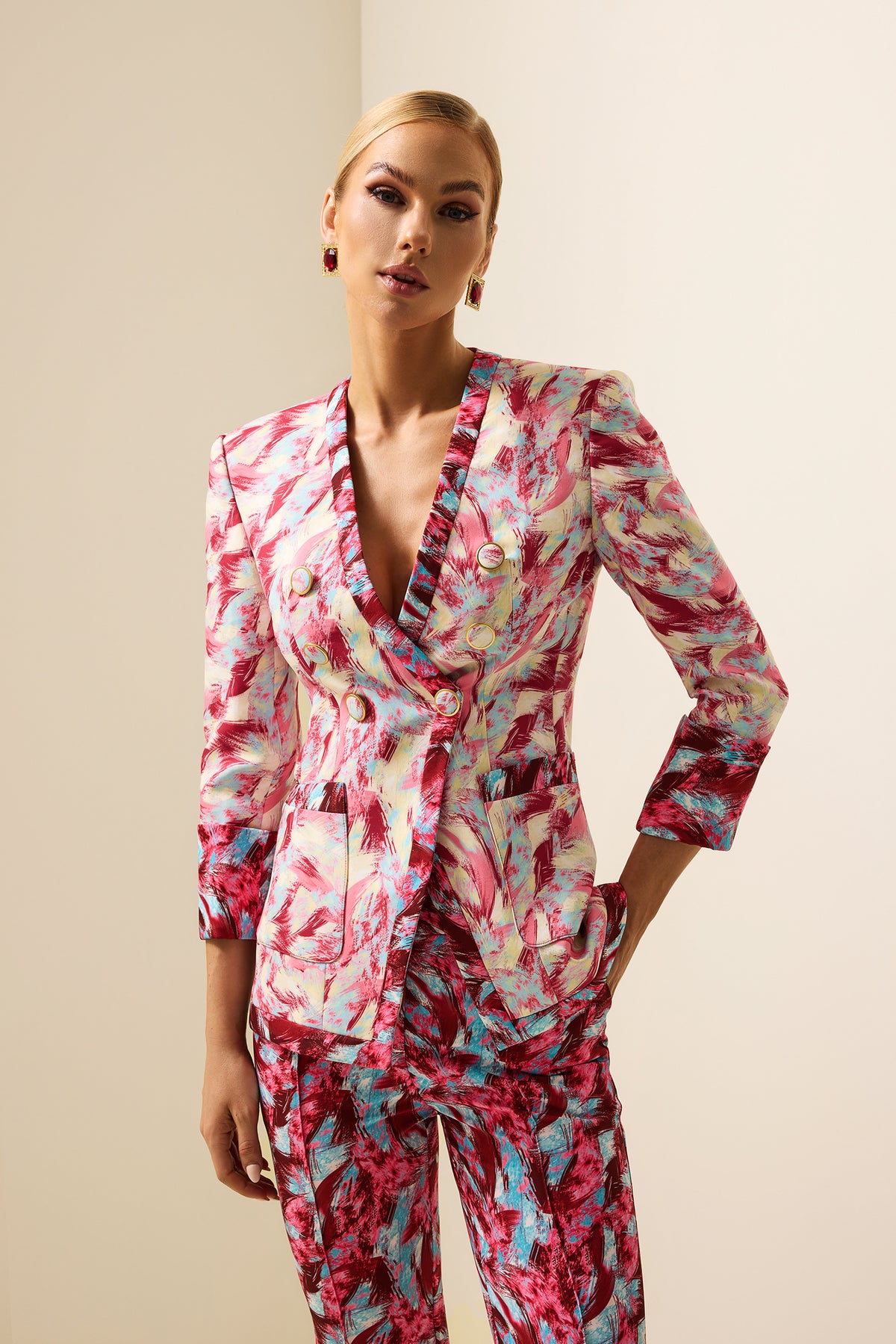Feather Print V-Neck Long Sleeve Blazer