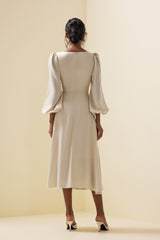 Faux Pearl Long Sleeve Midi Dress