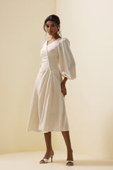 Faux Pearl Long Sleeve Midi Dress