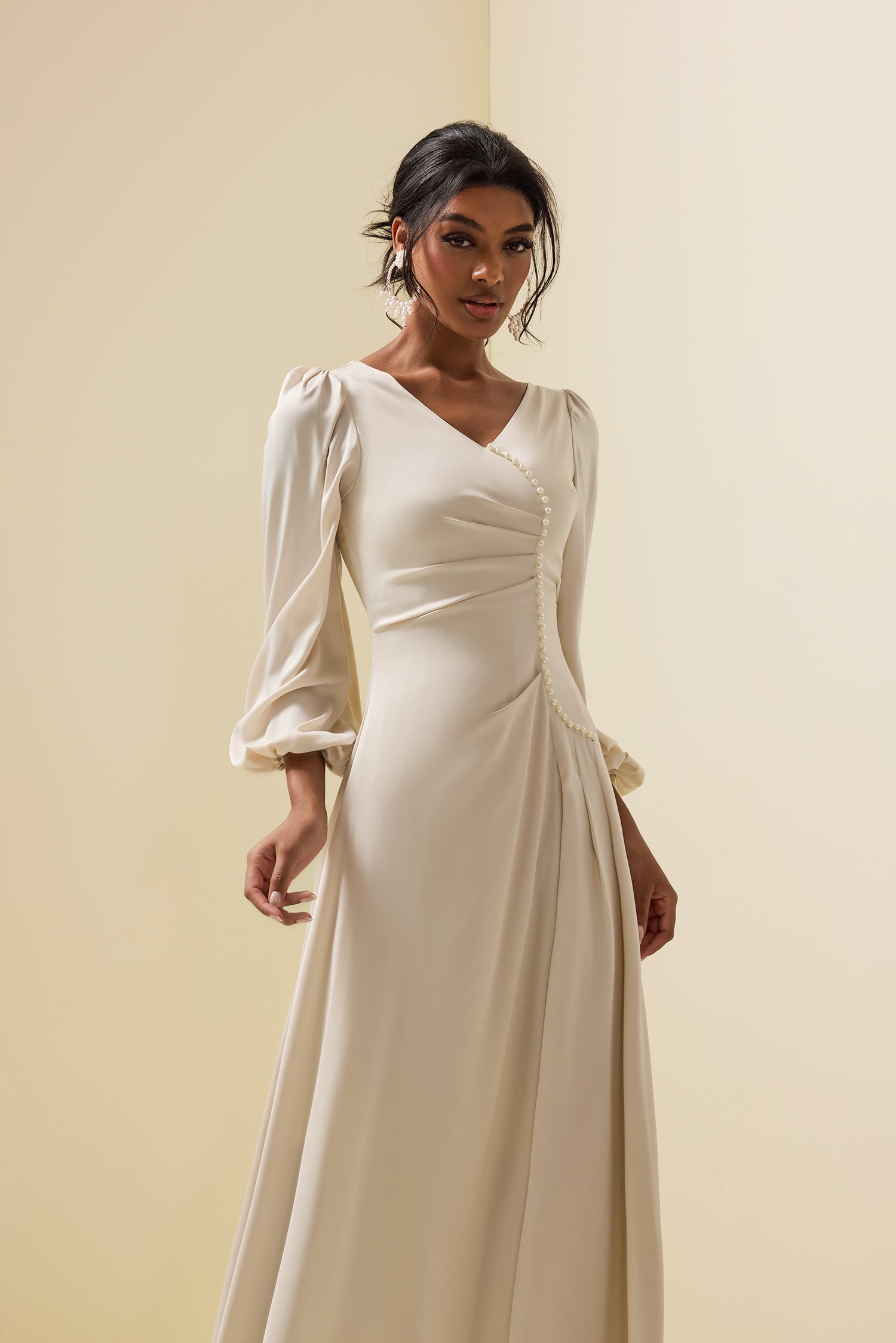Faux Pearl Long Sleeve Midi Dress