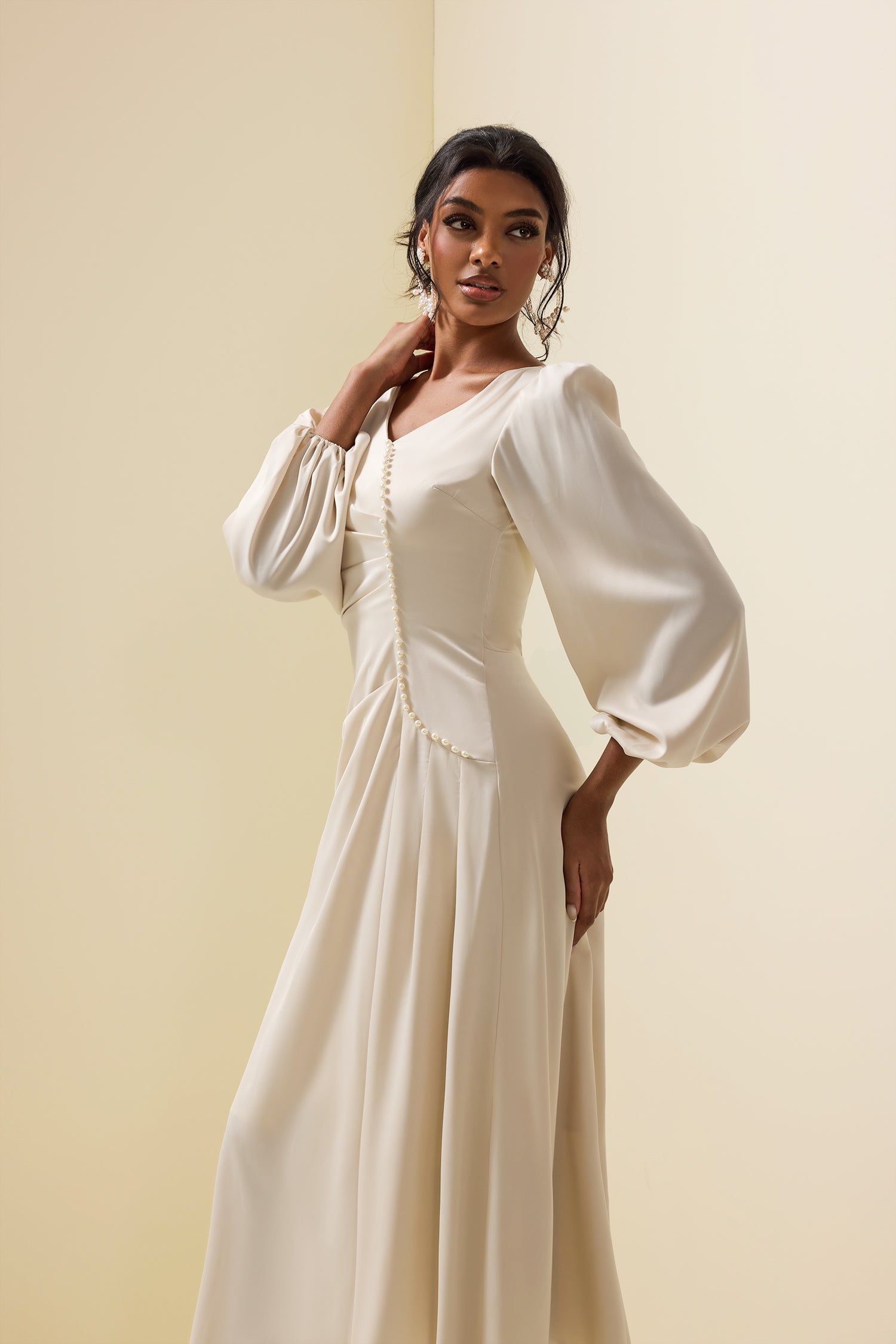 Faux Pearl Long Sleeve Midi Dress