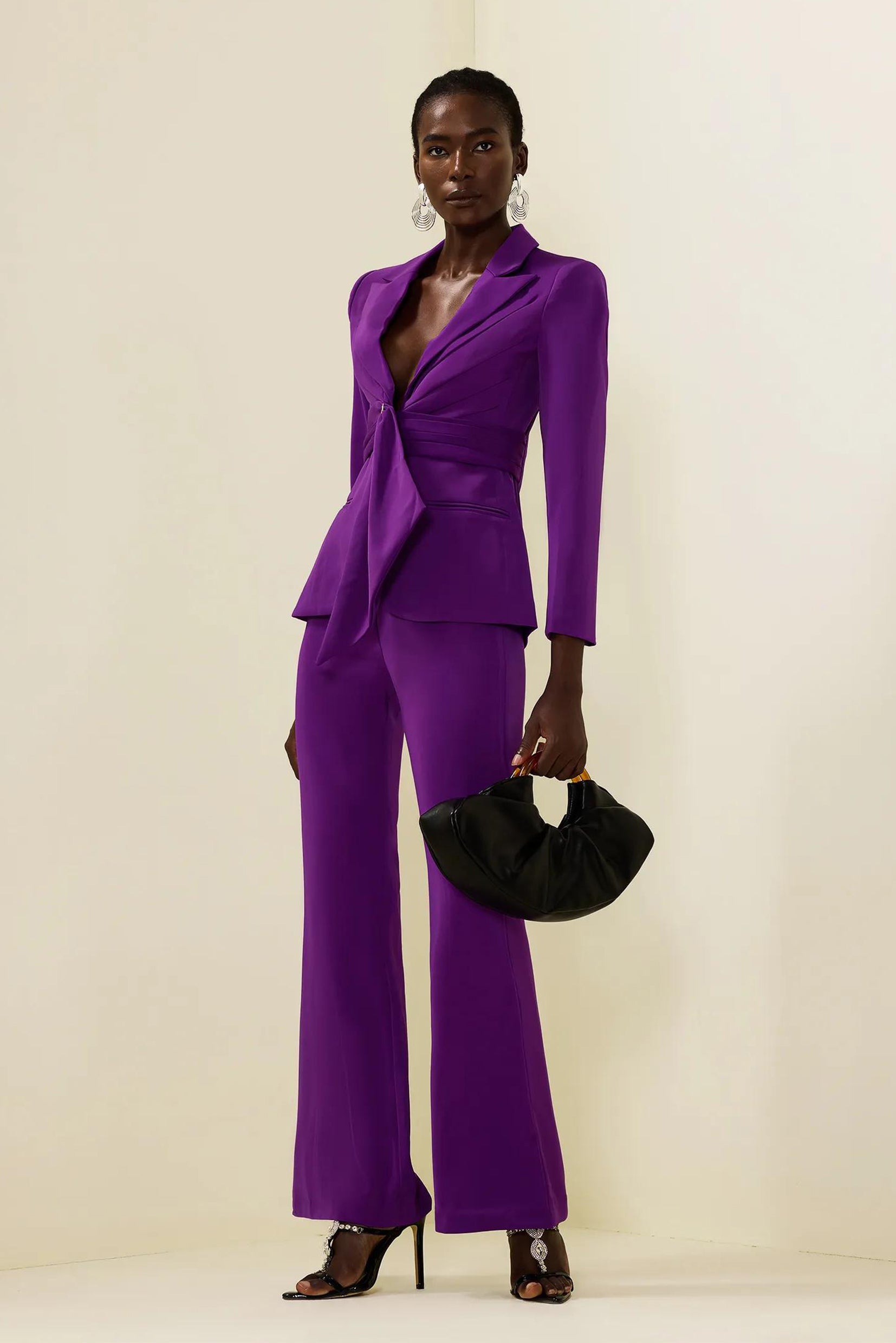 Solid Ruched Bottom Blazer ＆Mid Waist Solid Pants Set