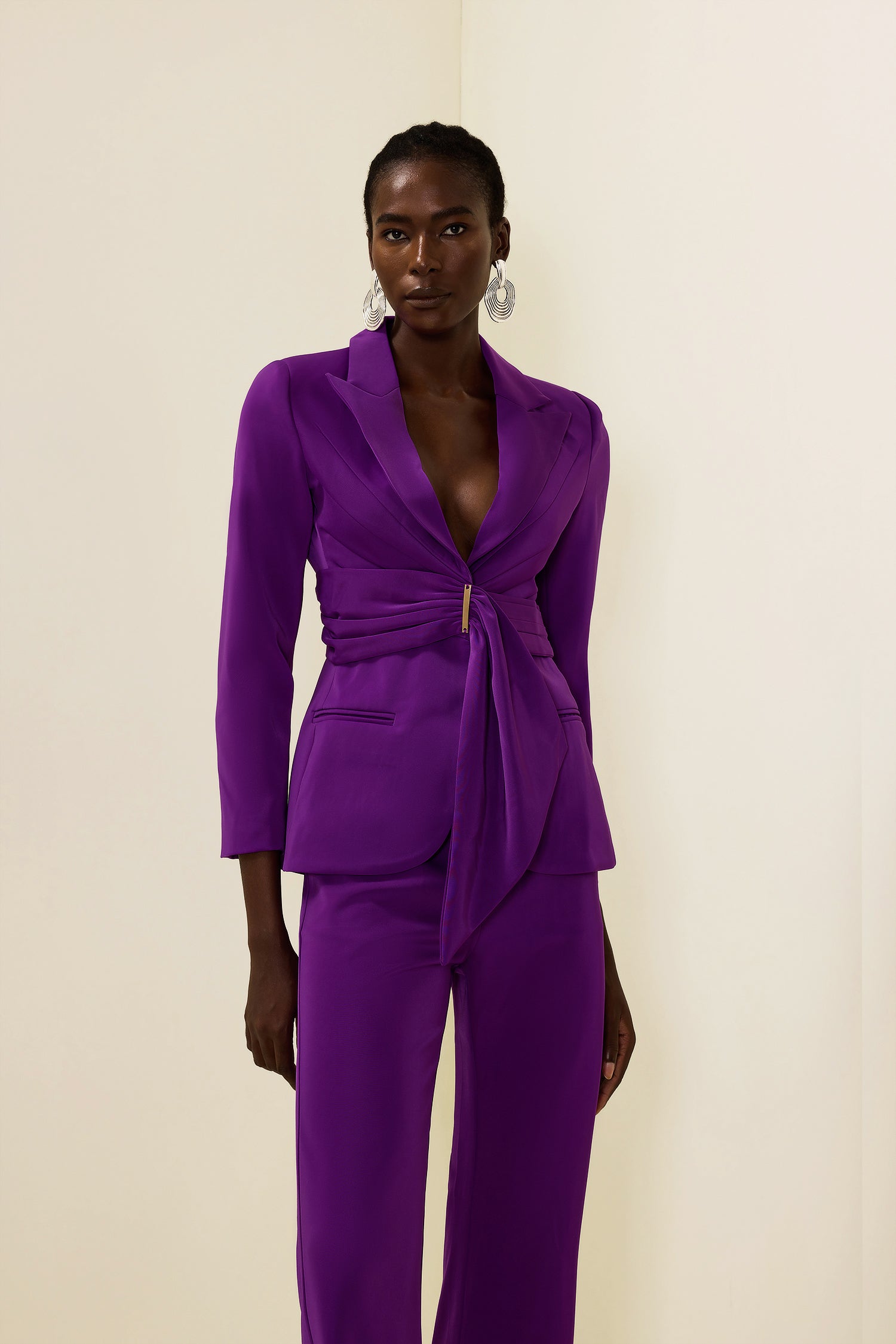 Solid Ruched Bottom Blazer ＆Mid Waist Solid Pants Set