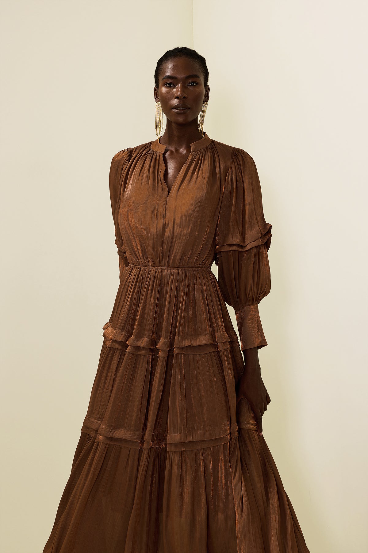 Pleat Lantern Sleeve V-Neck Midi Dress