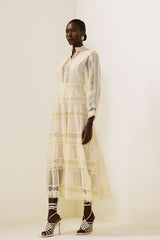 Lace Embroidered Lantern Sleeve Midi Dress