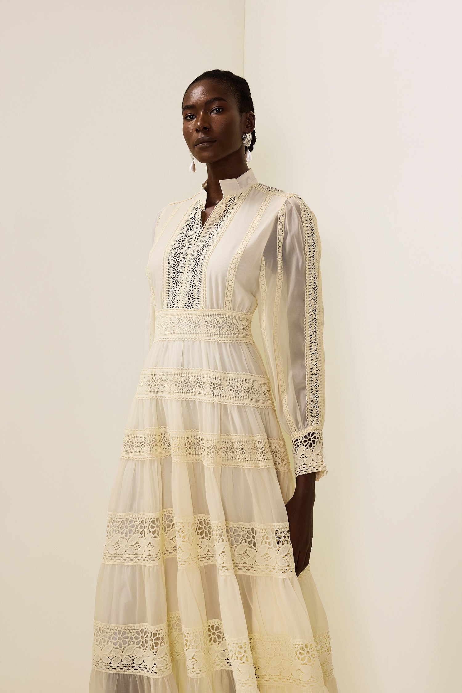 Lace Embroidered Lantern Sleeve Midi Dress