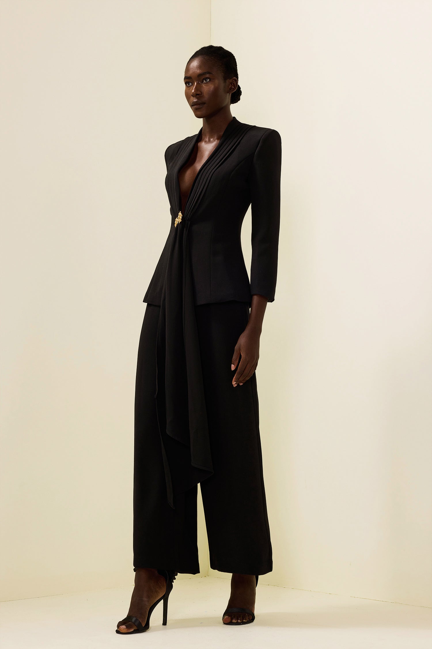 Solid Ruched Bottom Blazer ＆ Mid Waist Solid Pants Set