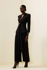 Solid Ruched Bottom Blazer ＆ Mid Waist Solid Pants Set