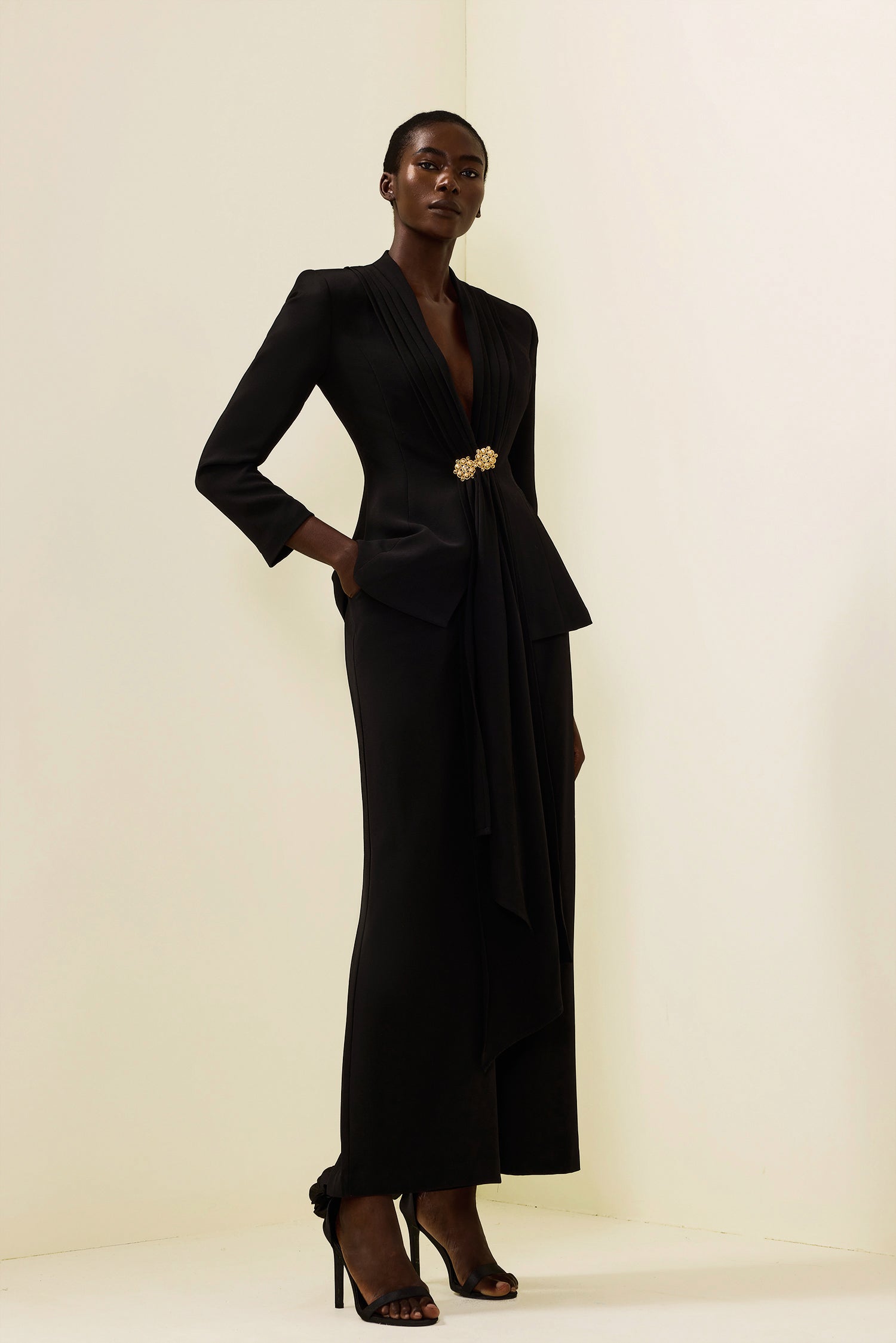 Solid Ruched Bottom Blazer ＆ Mid Waist Solid Pants Set