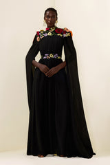 Embroidered Floral Cape Sleeve Maxi Dress