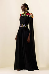 Embroidered Floral Cape Sleeve Maxi Dress