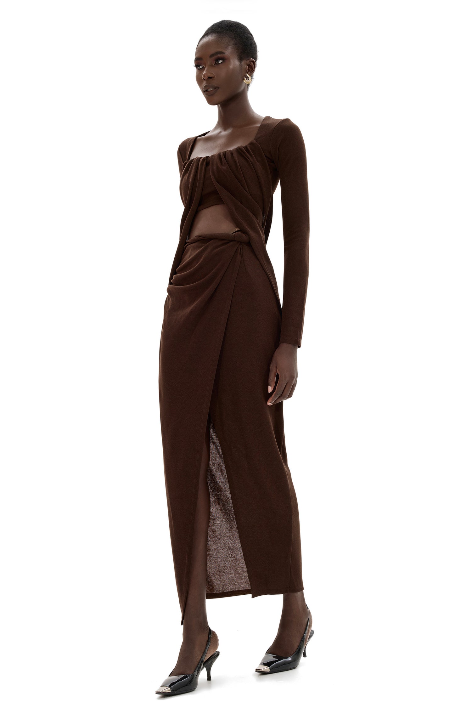 Jersey U-Neck Ruched Top & Mid Waist Skit Set