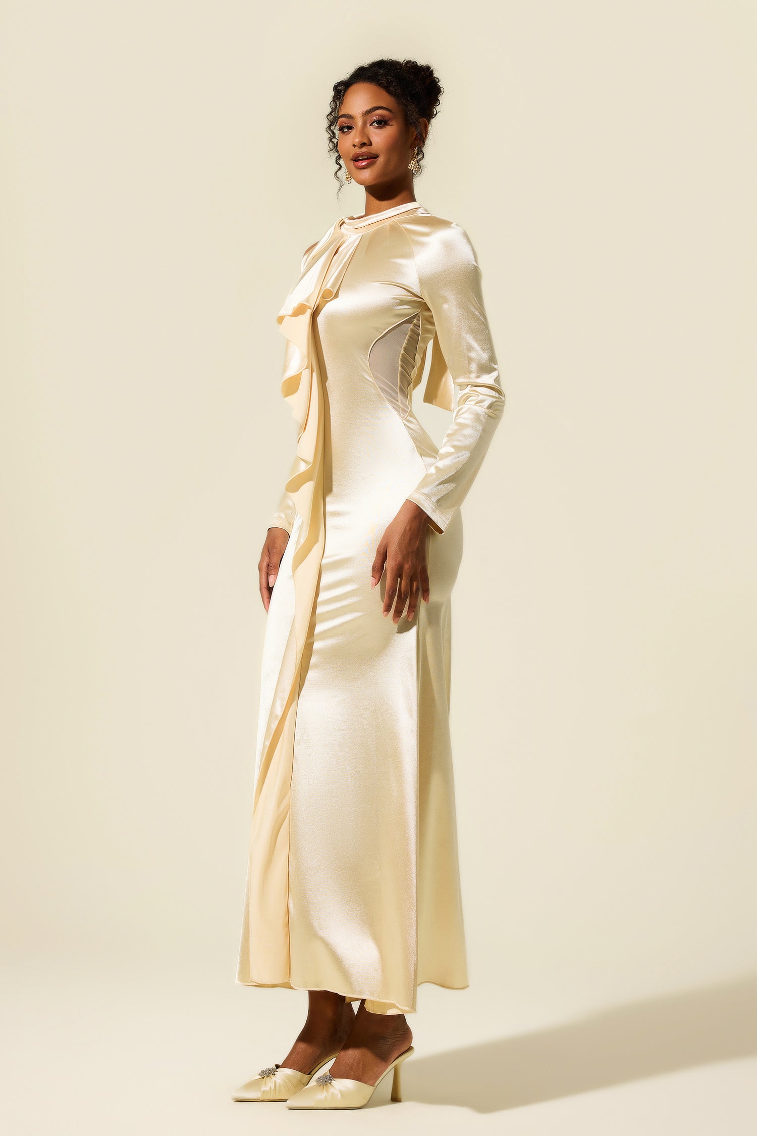 Solid Frill Cut-Out Midi Dress