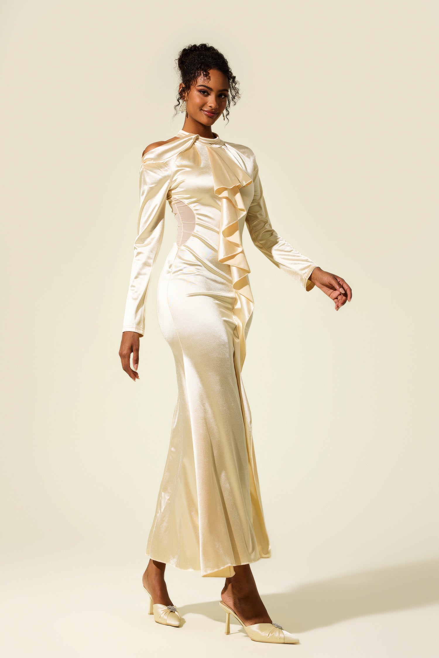Solid Frill Cut-Out Midi Dress