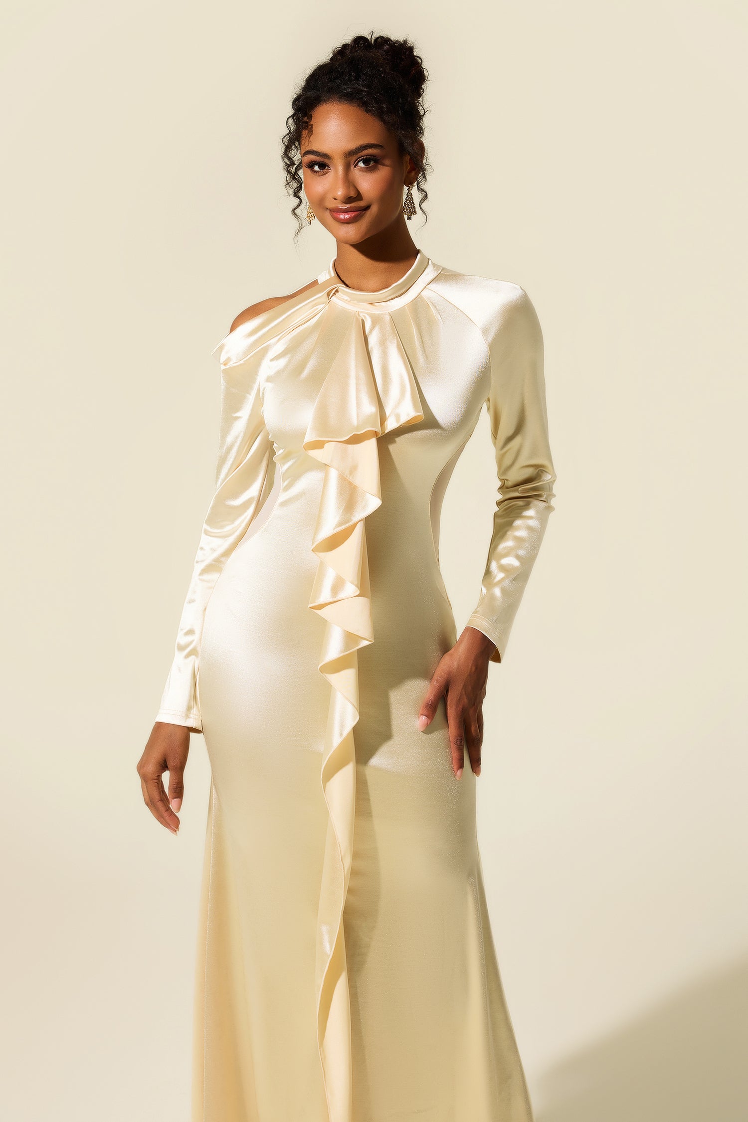 Solid Frill Cut-Out Midi Dress