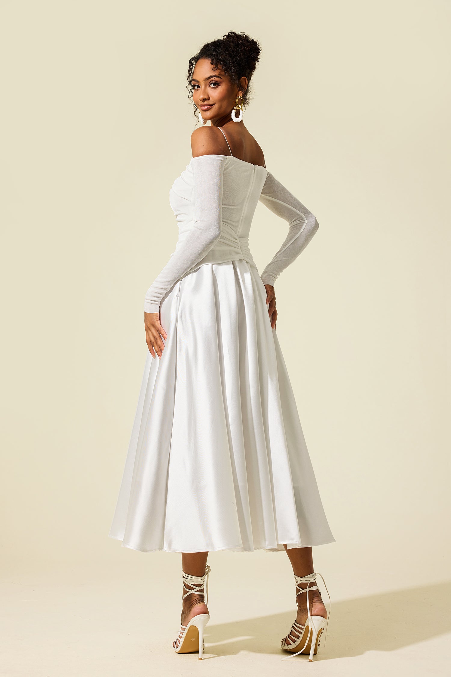 Satin Jersey Long Sleeve Off-Shoulder Midi Dress