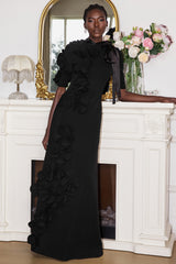 3D Flower Lace Up Mid Sleeve Maxi Dress