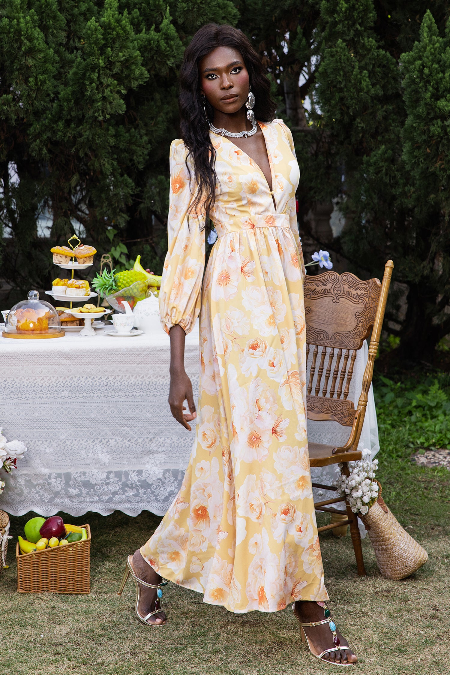 Floral V-Neck Long Sleeve Midi Dress