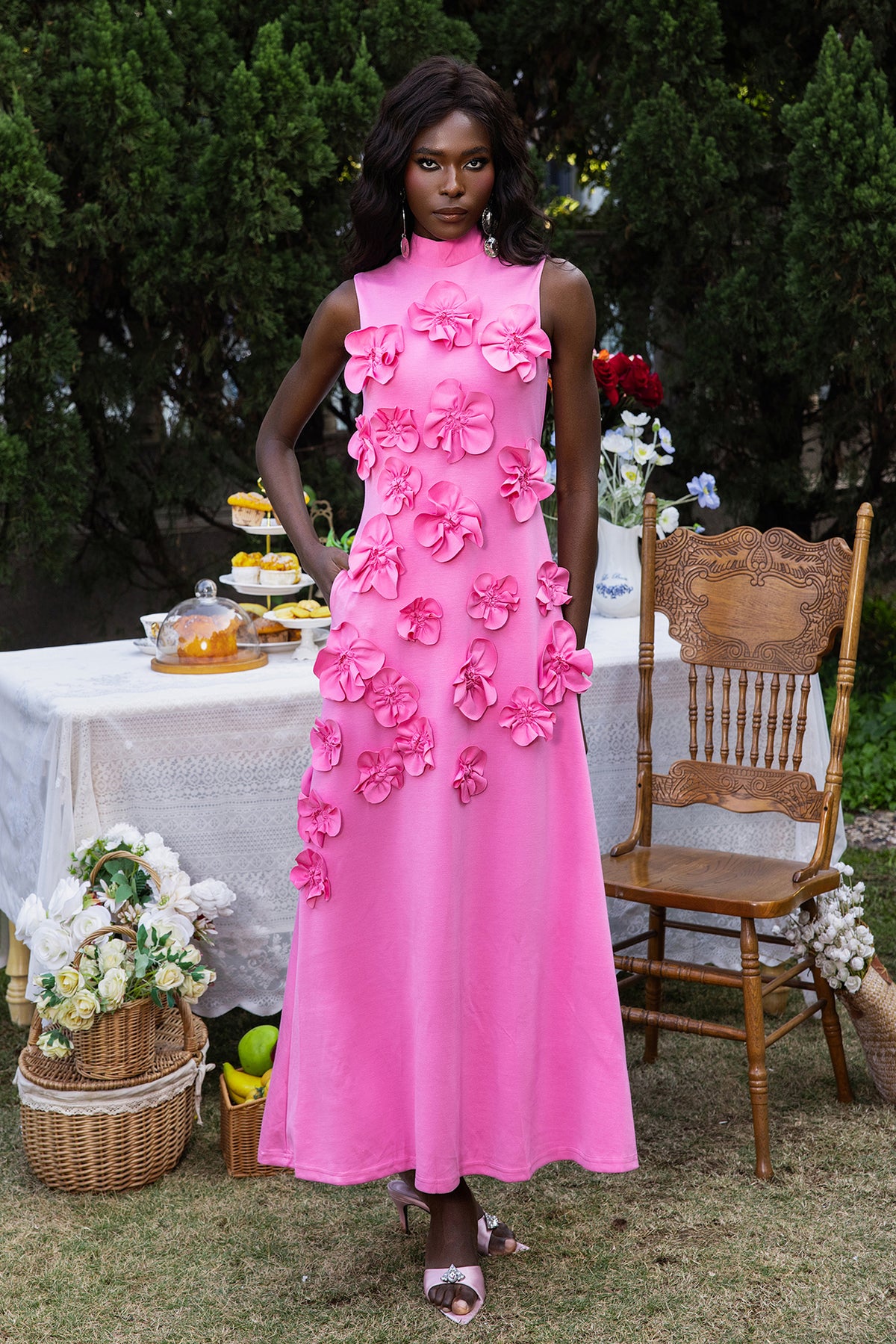 3D Floral High Neck Sleeveless Maxi Dress