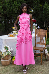 3D Floral High Neck Sleeveless Maxi Dress