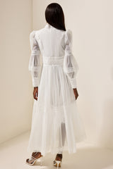 Stand Collar Puff Sleeve Lace Midi Dress