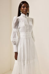 Stand Collar Puff Sleeve Lace Midi Dress