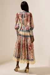 Shirt Collar Floral Lantern Sleeve Midi Dress