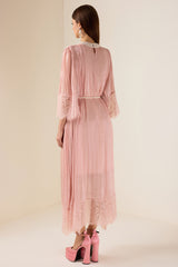 Lace Splicing Satin Faux Pearl Maxi Dress