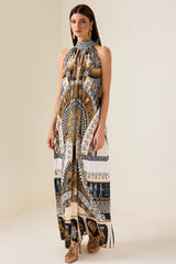 Paisley Print Lace Up Sleeveless Midi Dress