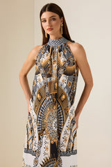 Paisley Print Lace Up Sleeveless Midi Dress