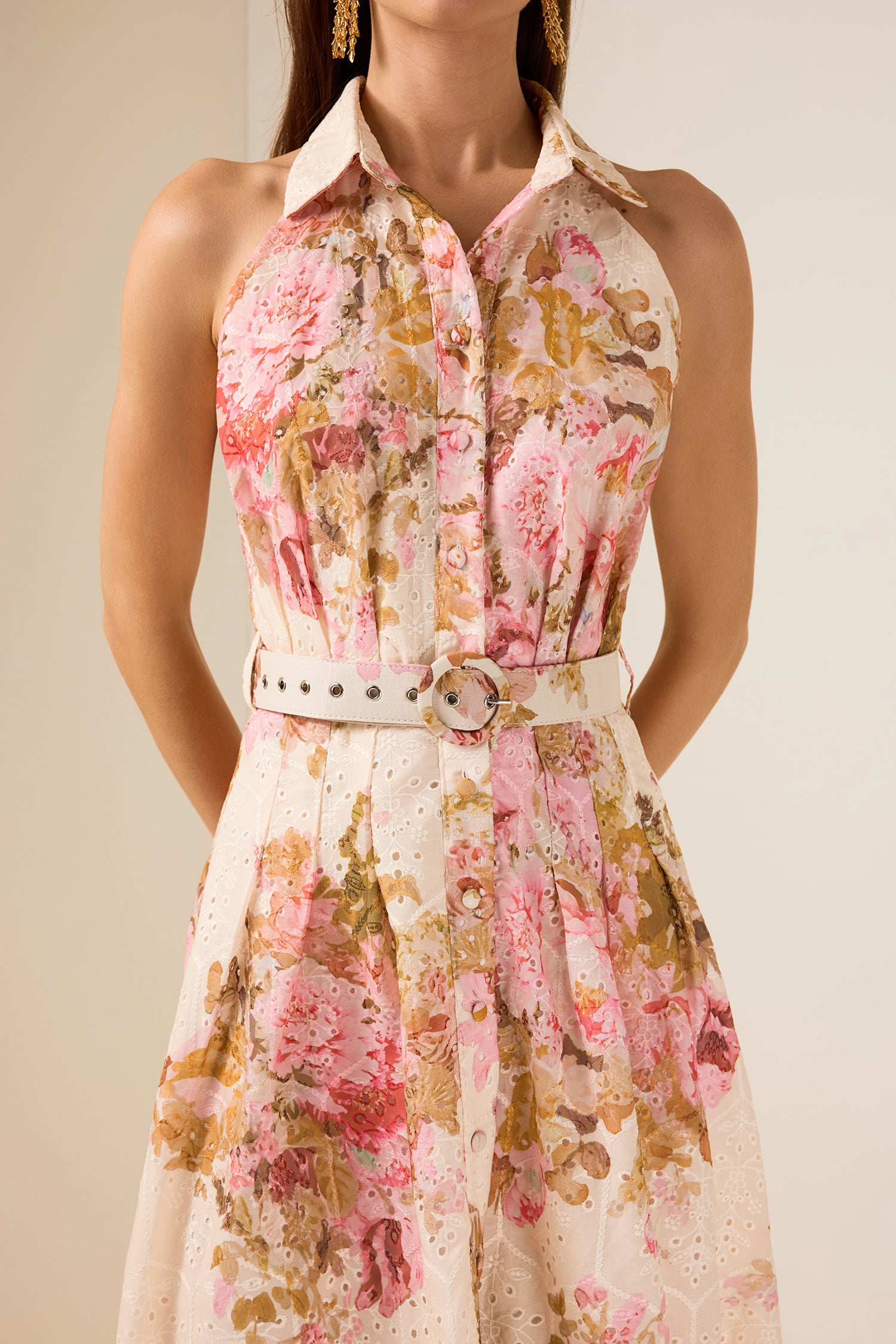Embroidered Floral Maxi Dress With Belt