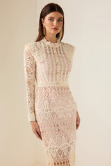 Lace Faux Pearl Button Long Sleeve Midi Dress