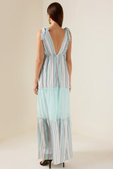 Stripe Splicing V-Neck Midi Dress