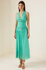 Rhinestone Halter Neck Lace Up Midi Dress