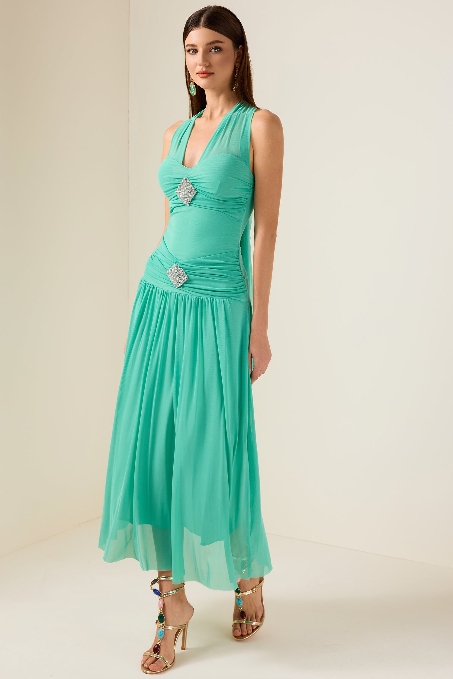 Rhinestone Halter Neck Lace Up Midi Dress