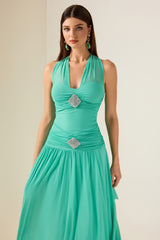 Rhinestone Halter Neck Lace Up Midi Dress