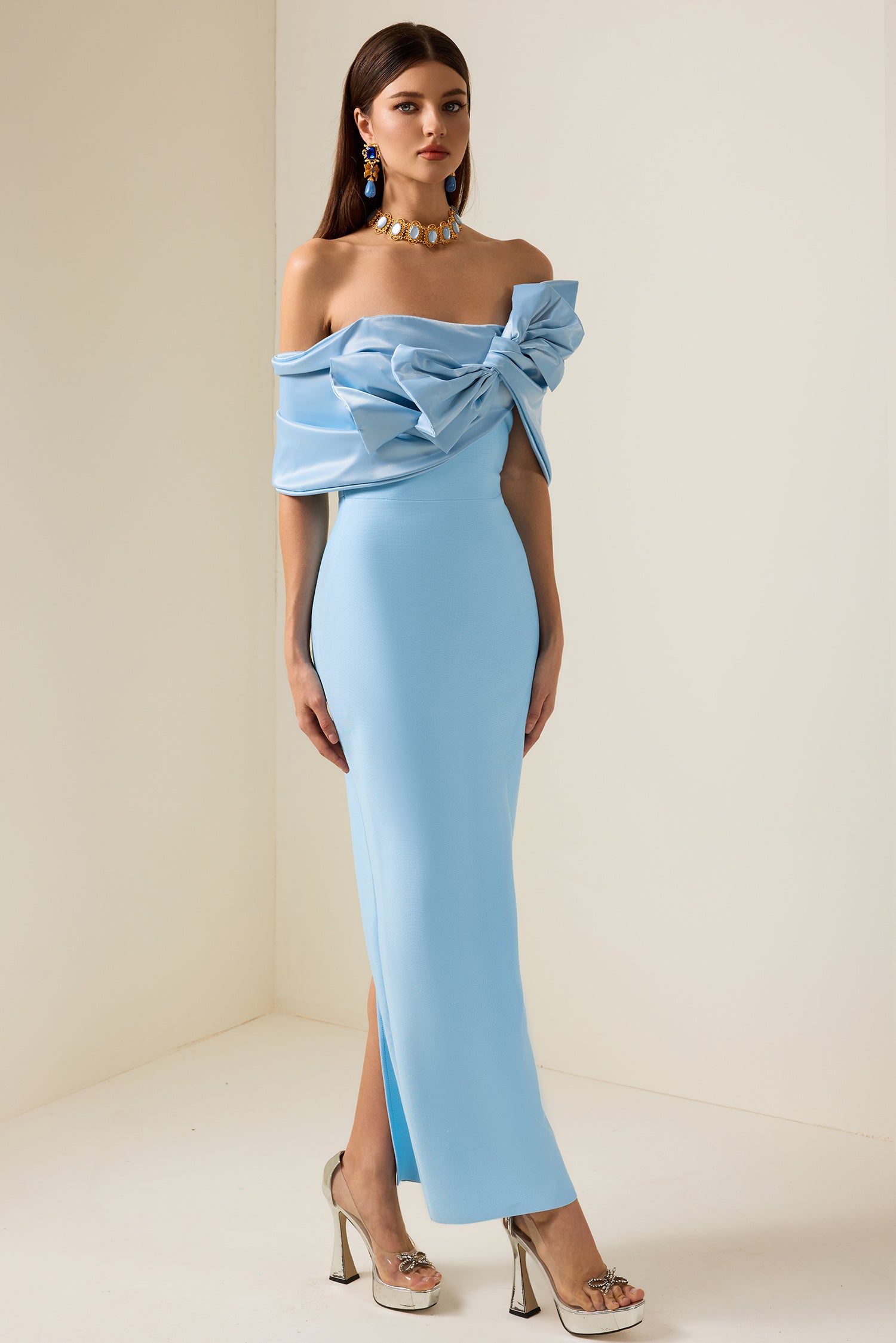 Bow Off-Shoulder Split Maxi Dress