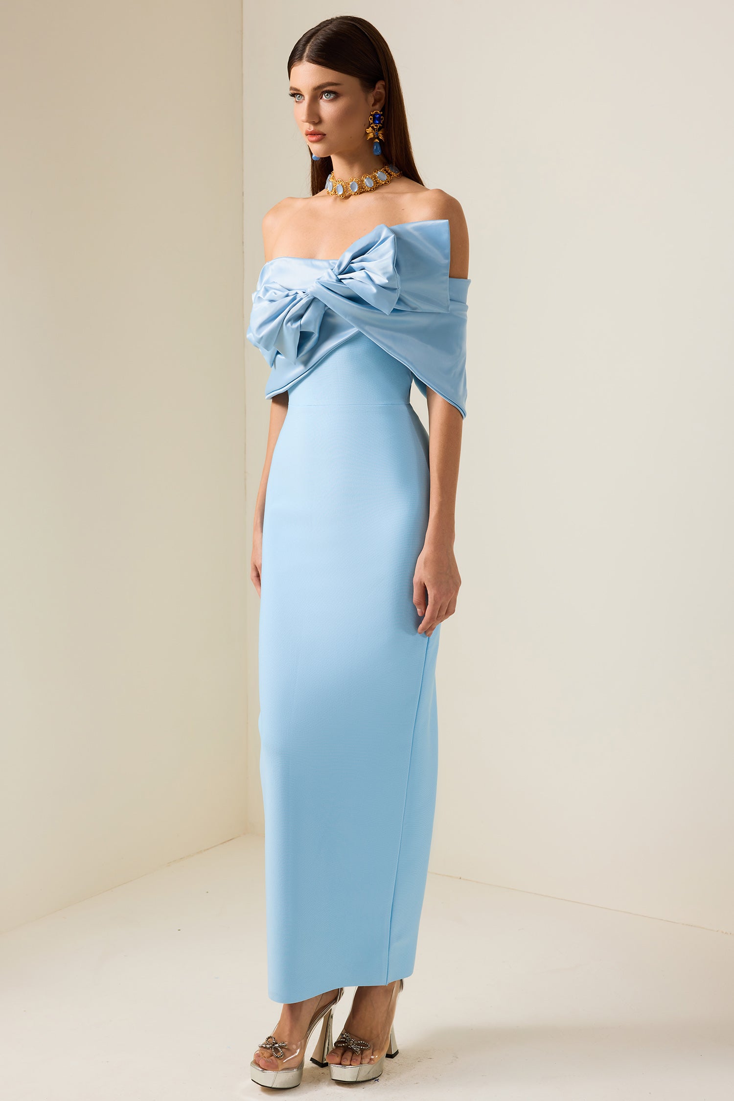 Bow Off-Shoulder Split Maxi Dress