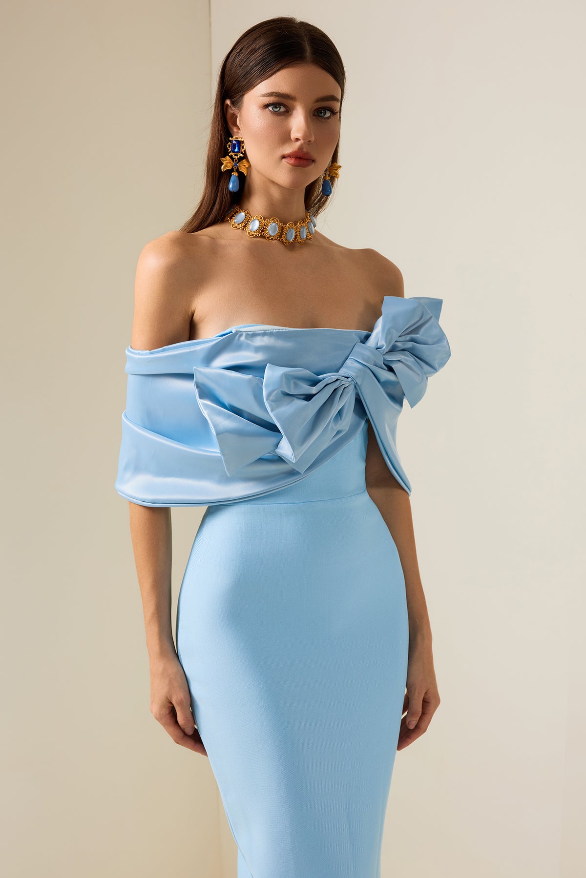 Bow Off-Shoulder Split Maxi Dress