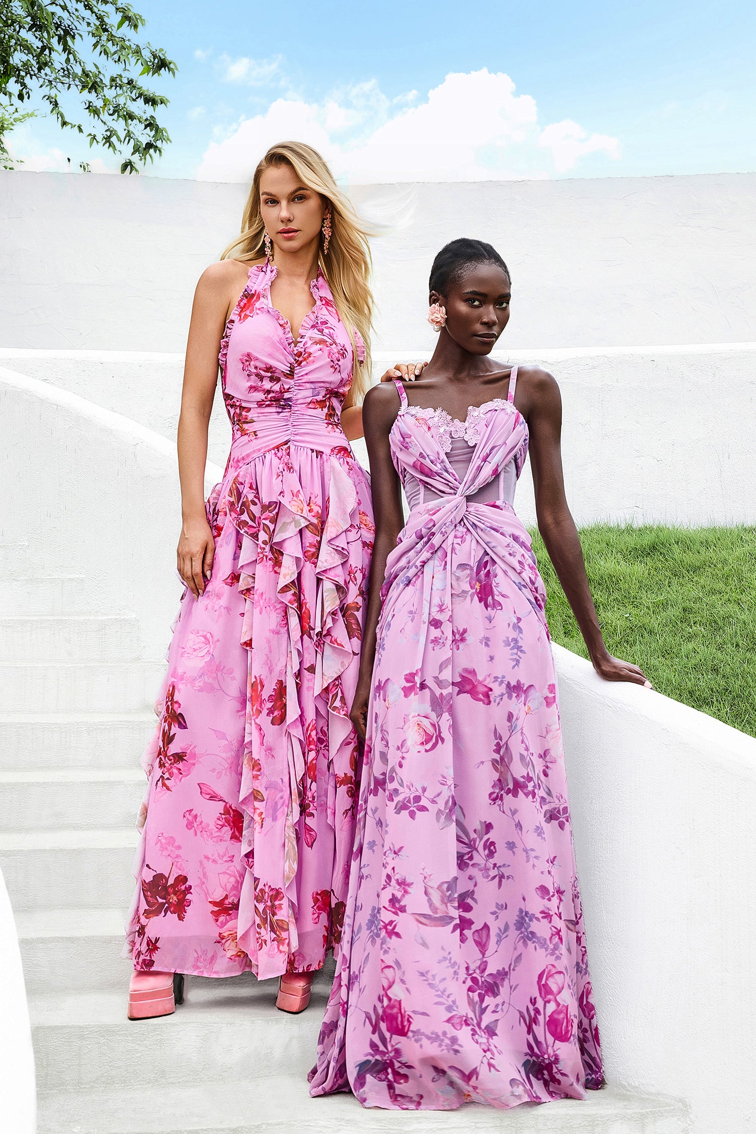Floral Halter Neck Ruffle Maxi Dress