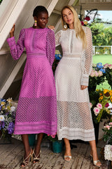 Solid Lace Lantern Sleeve Midi Dress