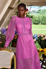 Solid Lace Lantern Sleeve Midi Dress