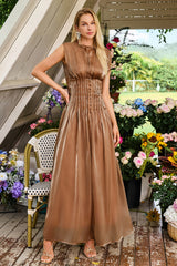 Toothpick Pleat Round Neck Sleeveless Midi Dress