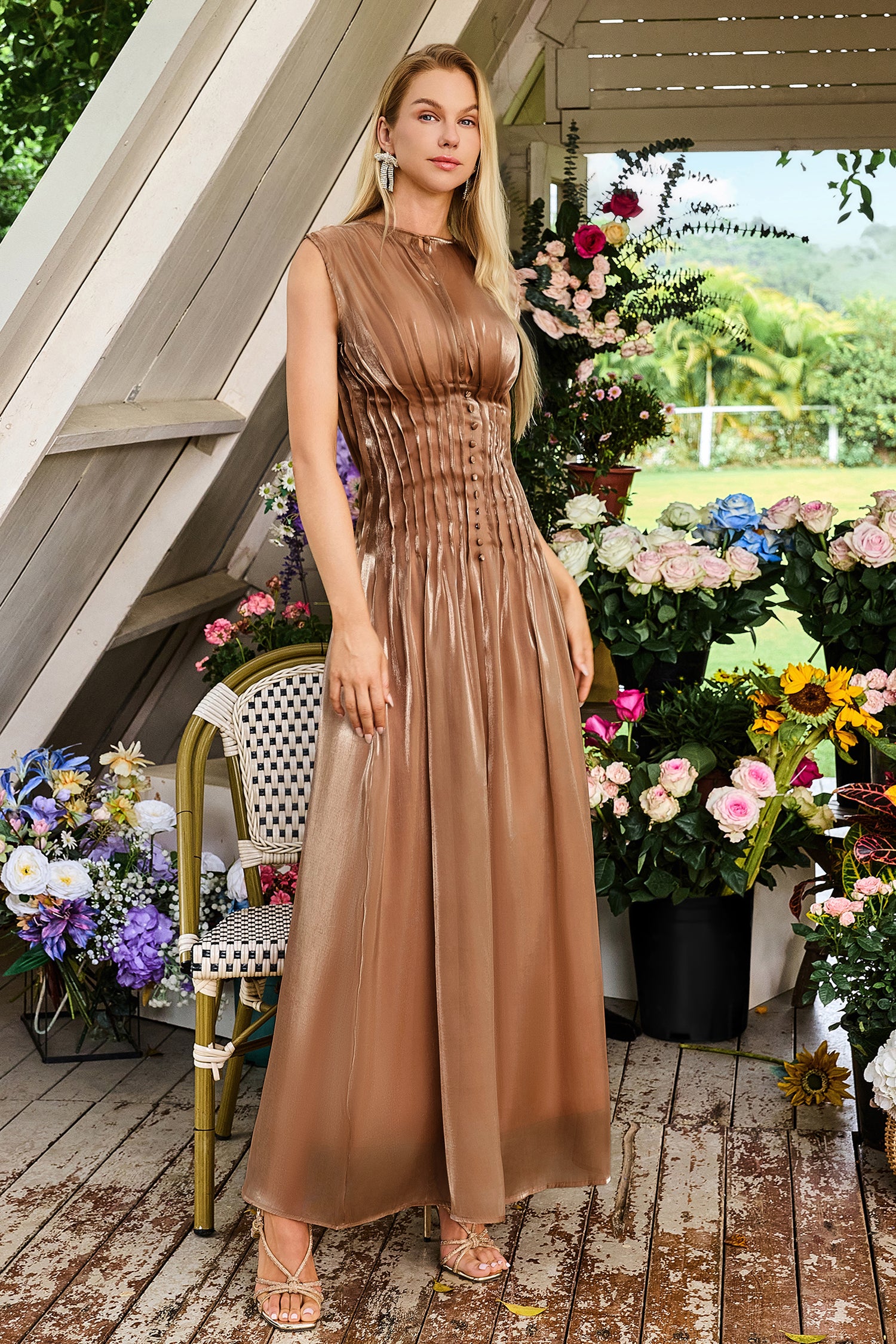 Toothpick Pleat Round Neck Sleeveless Midi Dress