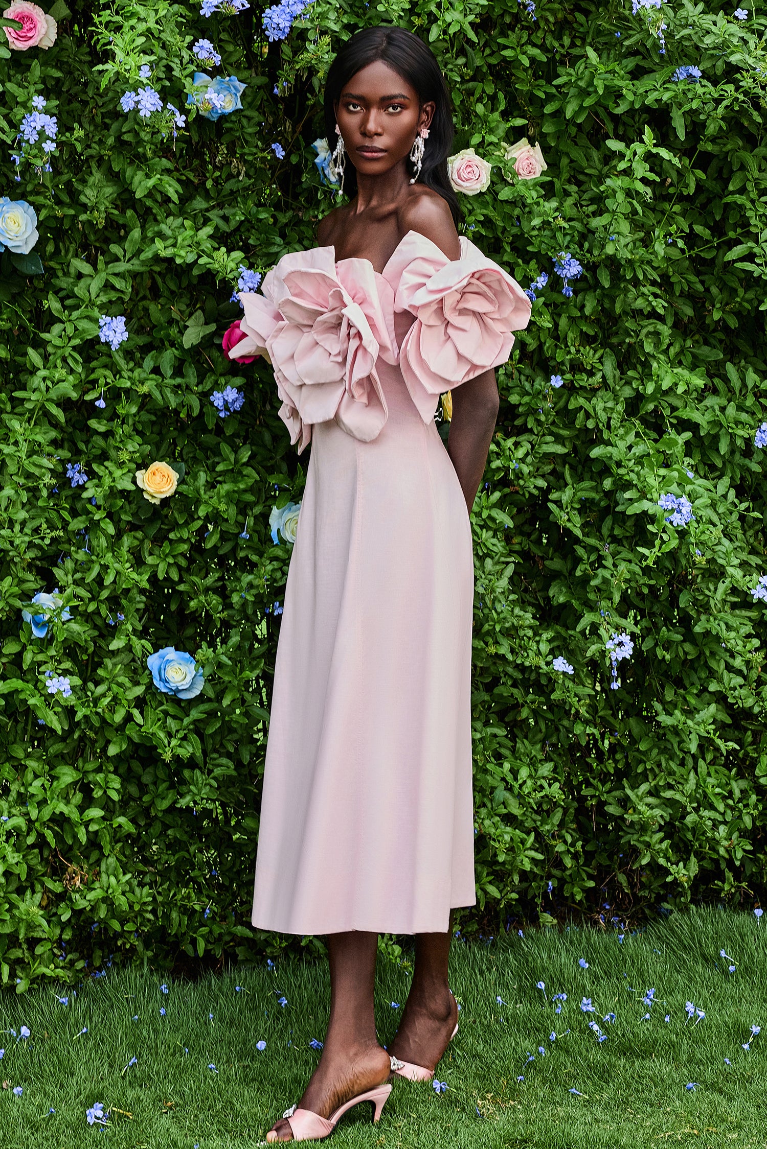 3D Flower Solid Off-Shoulder Midi Dress